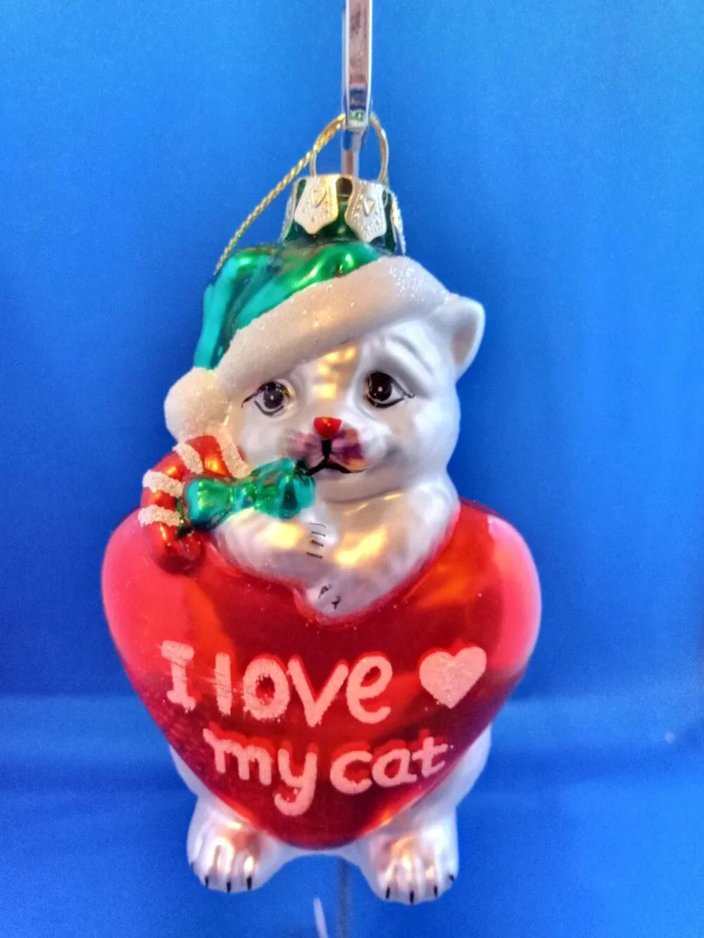 Glass Christmas ornament I LOve My Cat white cat with heart